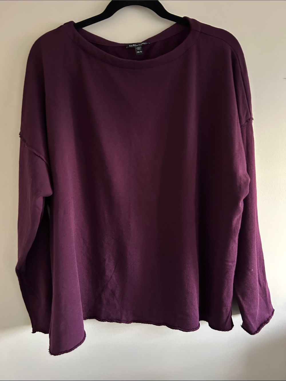 Eileen Fisher Deep Plum Organic Cotton Relaxed Sweatshirt, Raw Edge, Size XL
